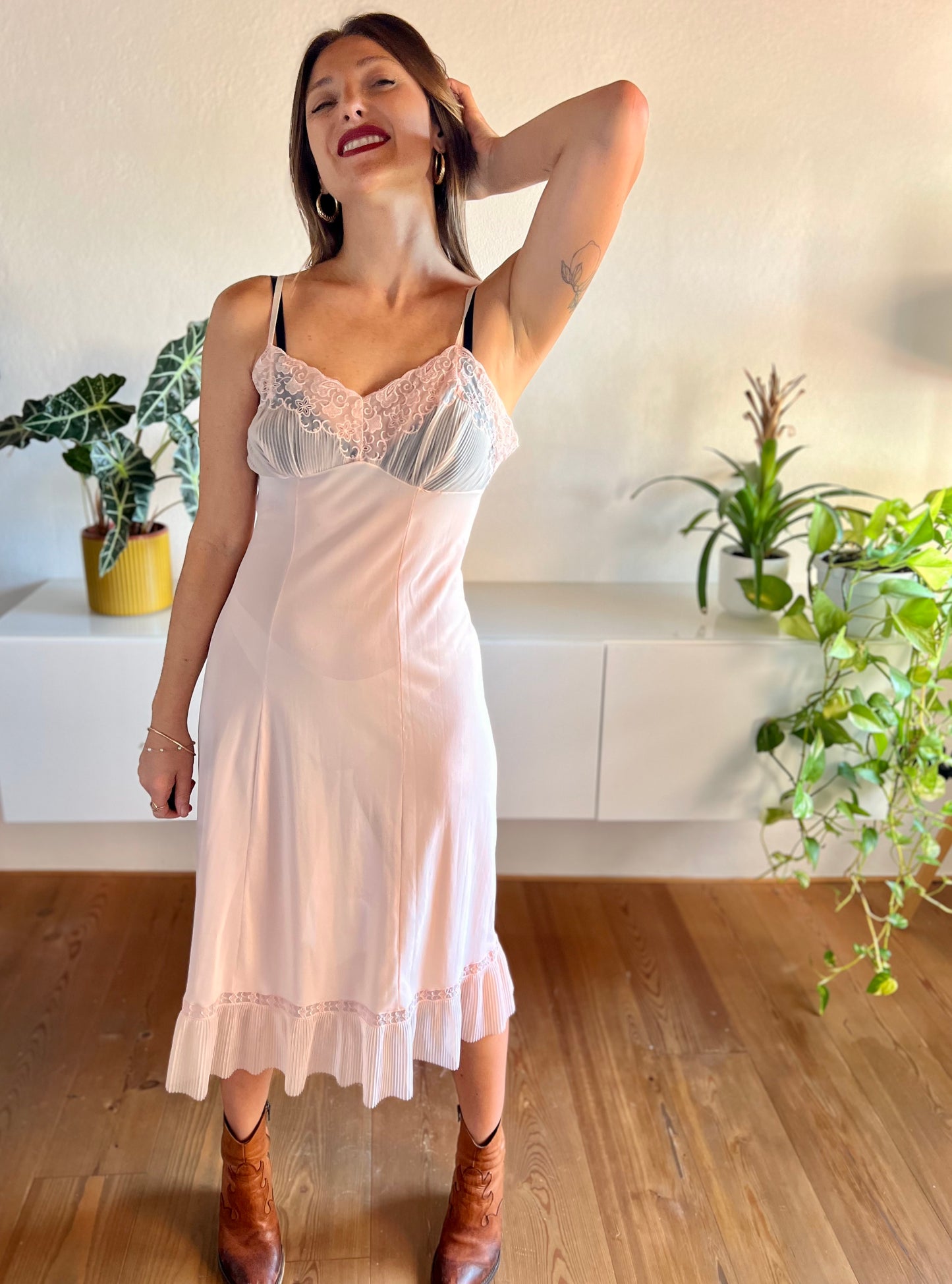 1960's vintage sheer peach slip maxi dress with lace and pleated details