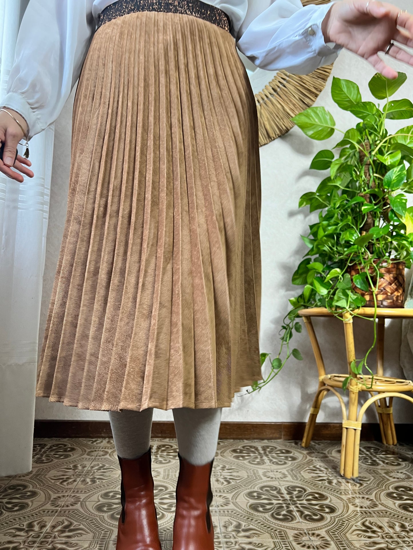 1990's vintage corduroy pleated brown midi skirt