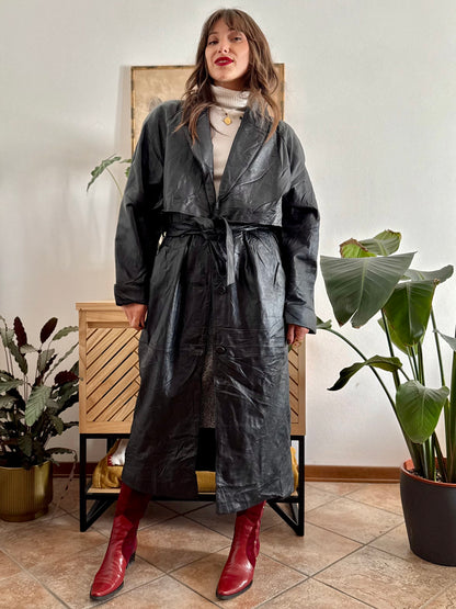 1990's vintage butter soft black leather classic cut trench coat