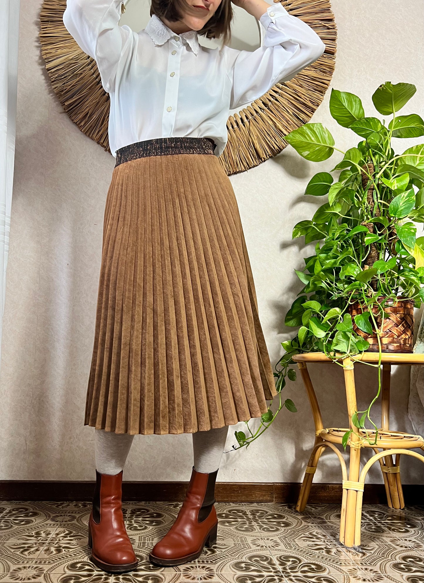 1990's vintage corduroy pleated brown midi skirt