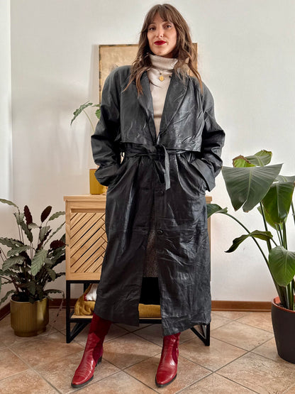 1990's vintage butter soft black leather classic cut trench coat