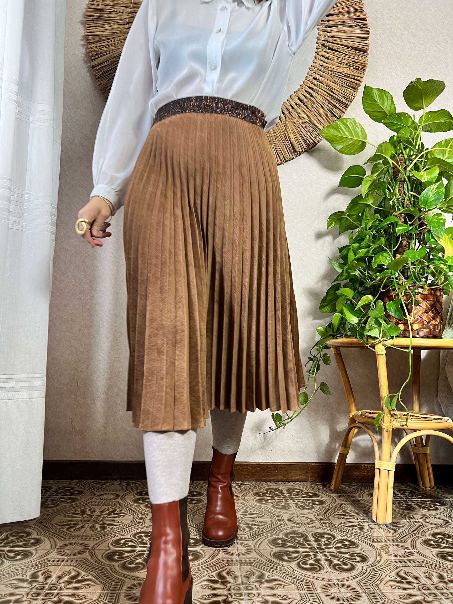 1990's vintage corduroy pleated brown midi skirt