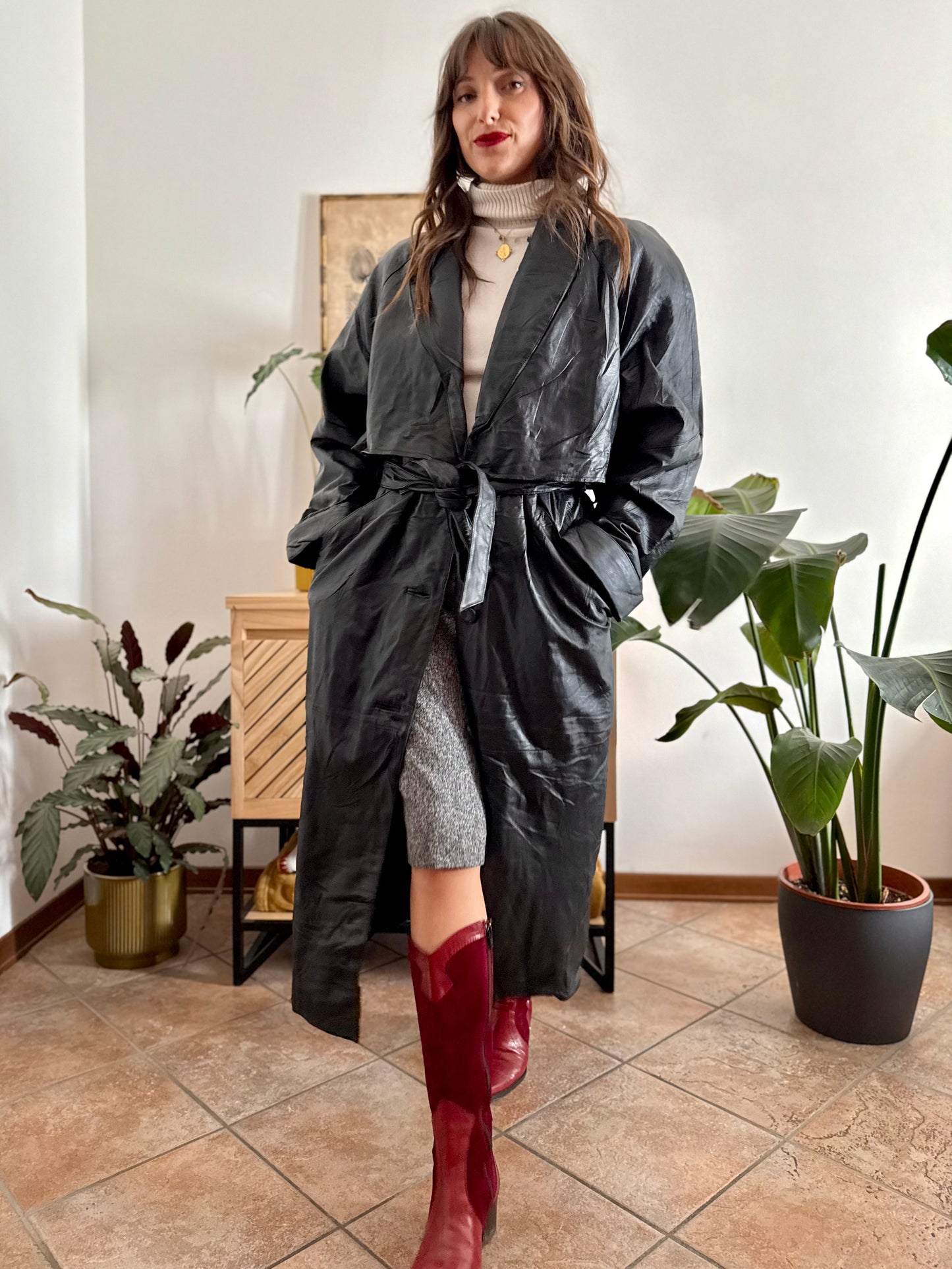 1990's vintage butter soft black leather classic cut trench coat