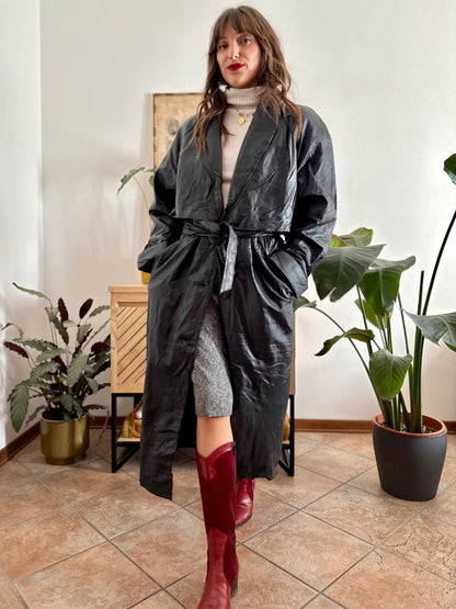 1990's vintage butter soft black leather classic cut trench coat