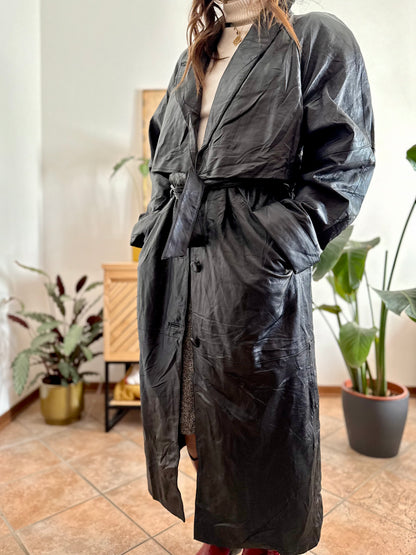 1990's vintage butter soft black leather classic cut trench coat