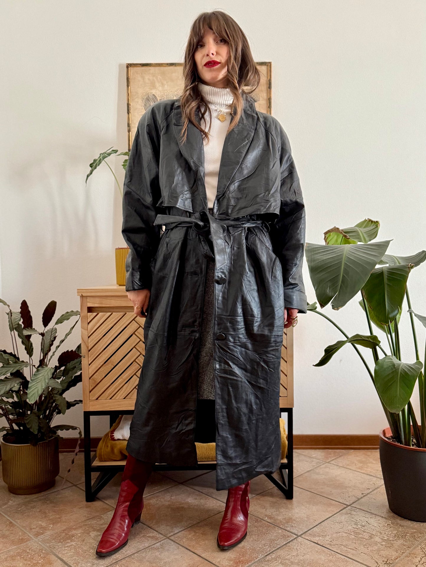 1990's vintage butter soft black leather classic cut trench coat