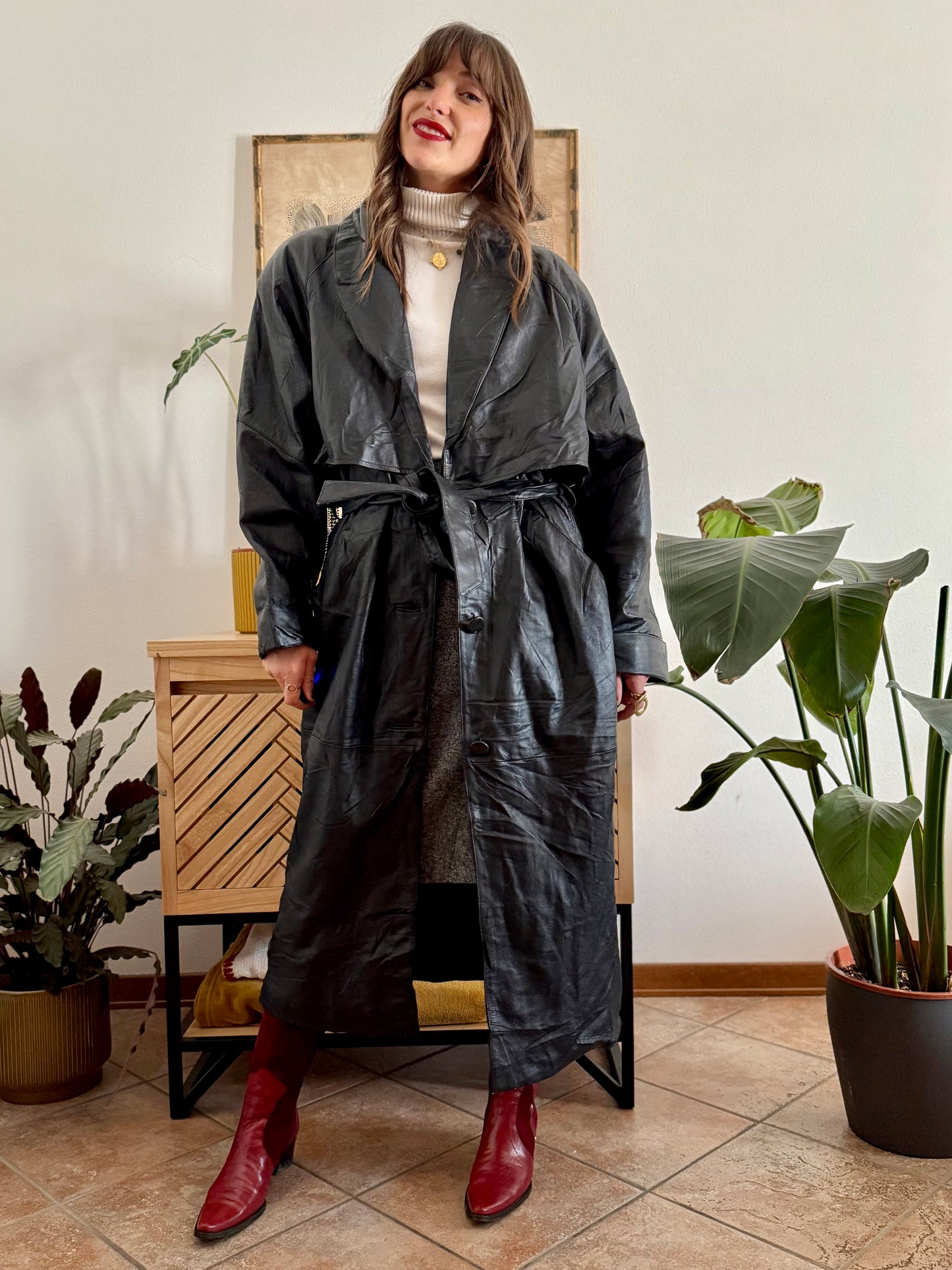 1990's vintage butter soft black leather classic cut trench coat