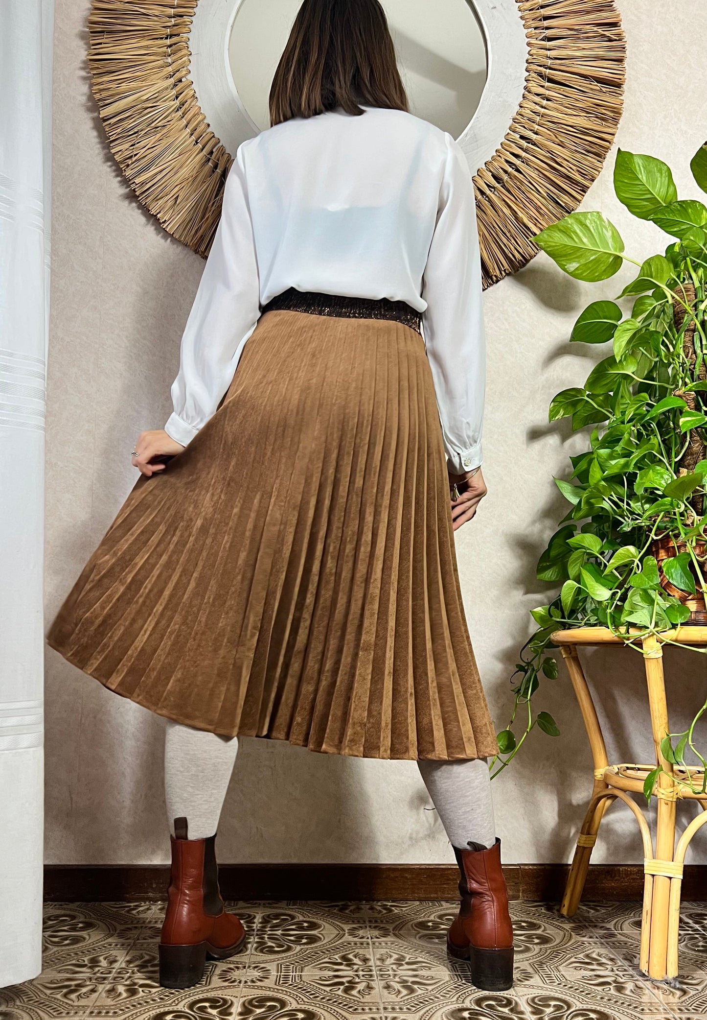 1990's vintage corduroy pleated brown midi skirt