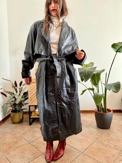 1990's vintage butter soft black leather classic cut trench coat