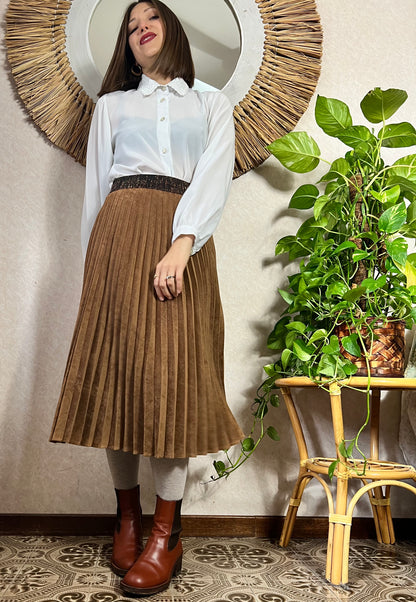 1990's vintage corduroy pleated brown midi skirt