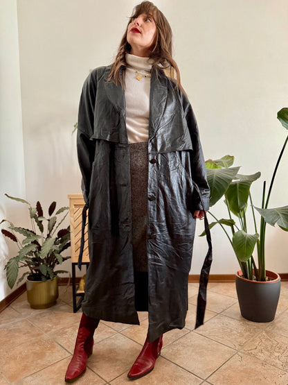 1990's vintage butter soft black leather classic cut trench coat
