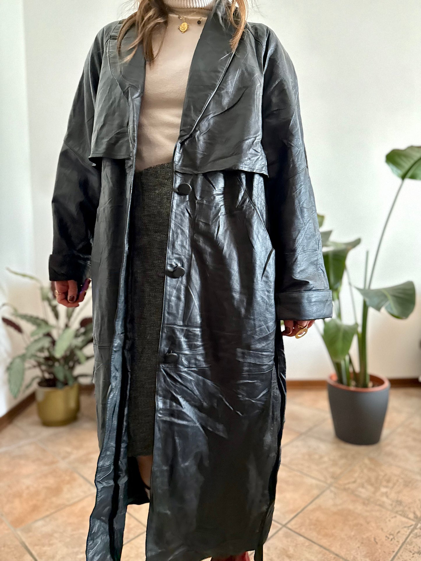 1990's vintage butter soft black leather classic cut trench coat