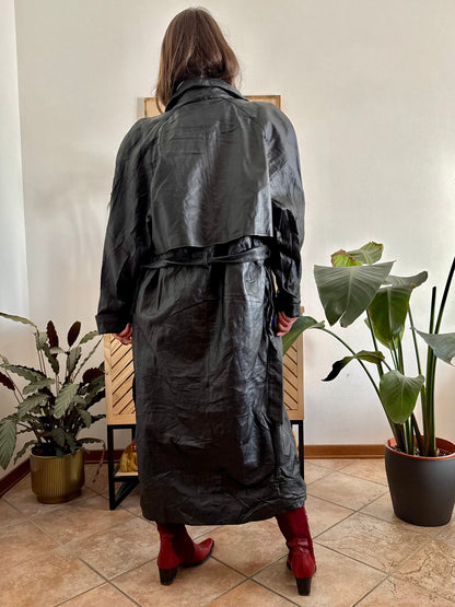 1990's vintage butter soft black leather classic cut trench coat