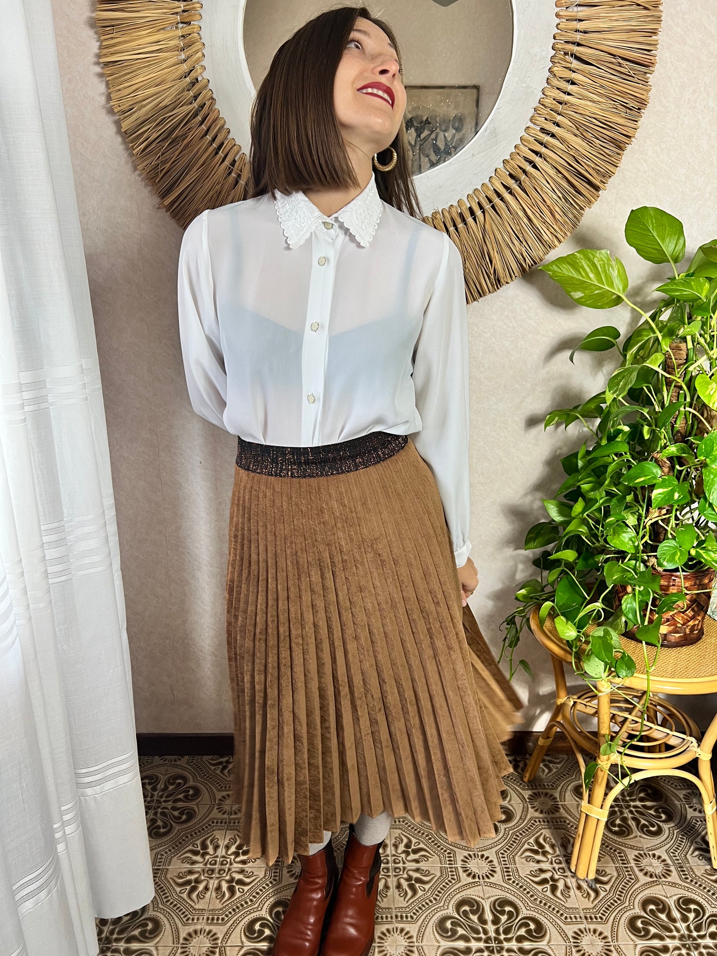 1990's vintage corduroy pleated brown midi skirt