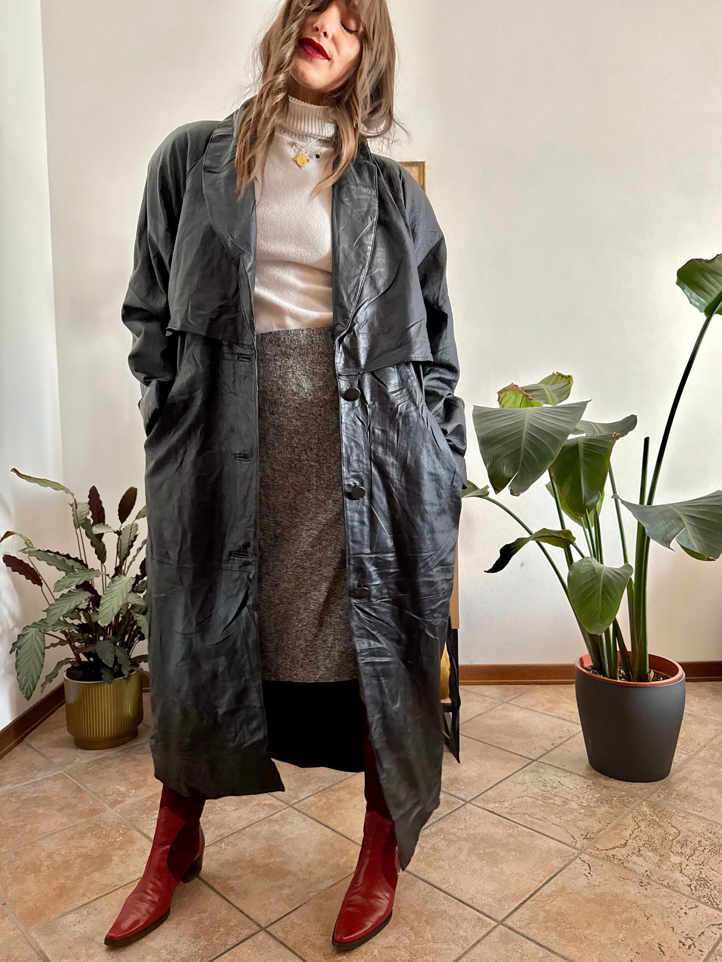 1990's vintage butter soft black leather classic cut trench coat