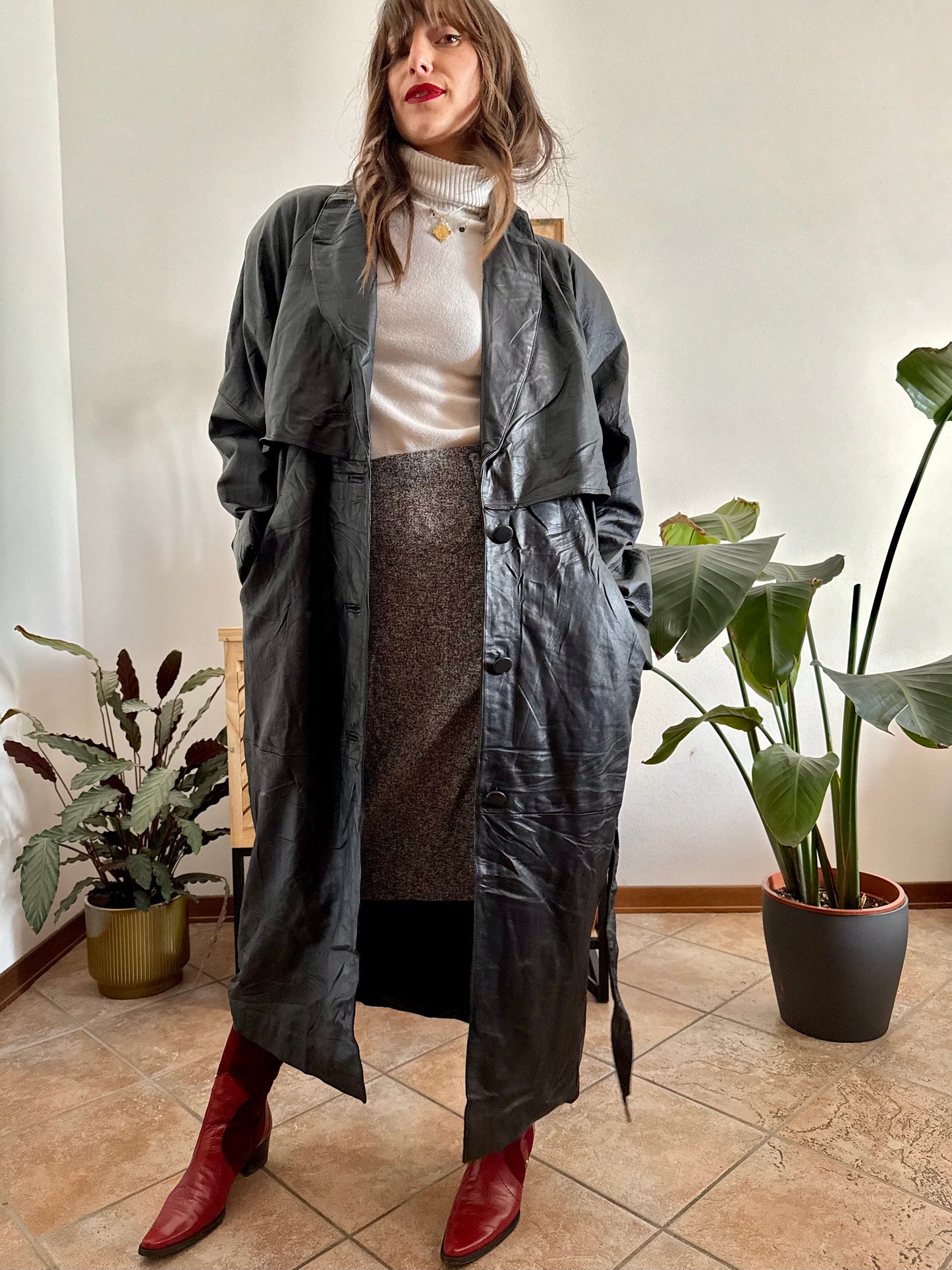 1990's vintage butter soft black leather classic cut trench coat