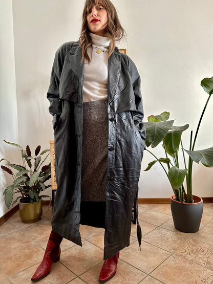 1990's vintage butter soft black leather classic cut trench coat