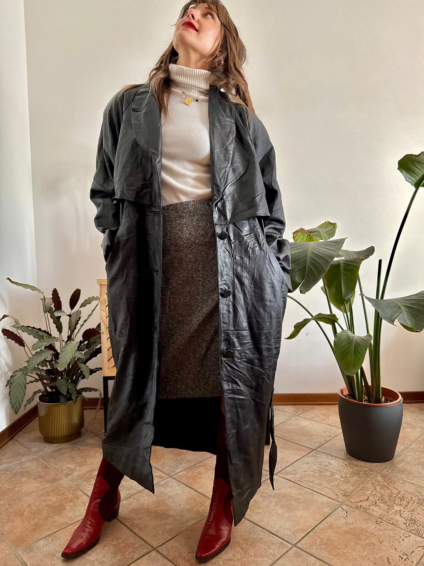 1990's vintage butter soft black leather classic cut trench coat