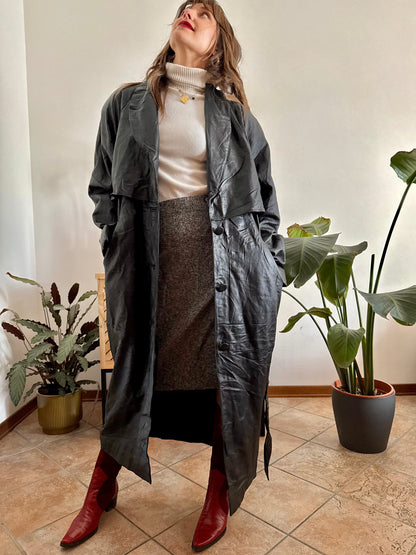 1990's vintage butter soft black leather classic cut trench coat