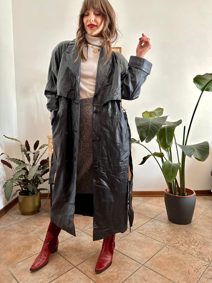 1990's vintage butter soft black leather classic cut trench coat