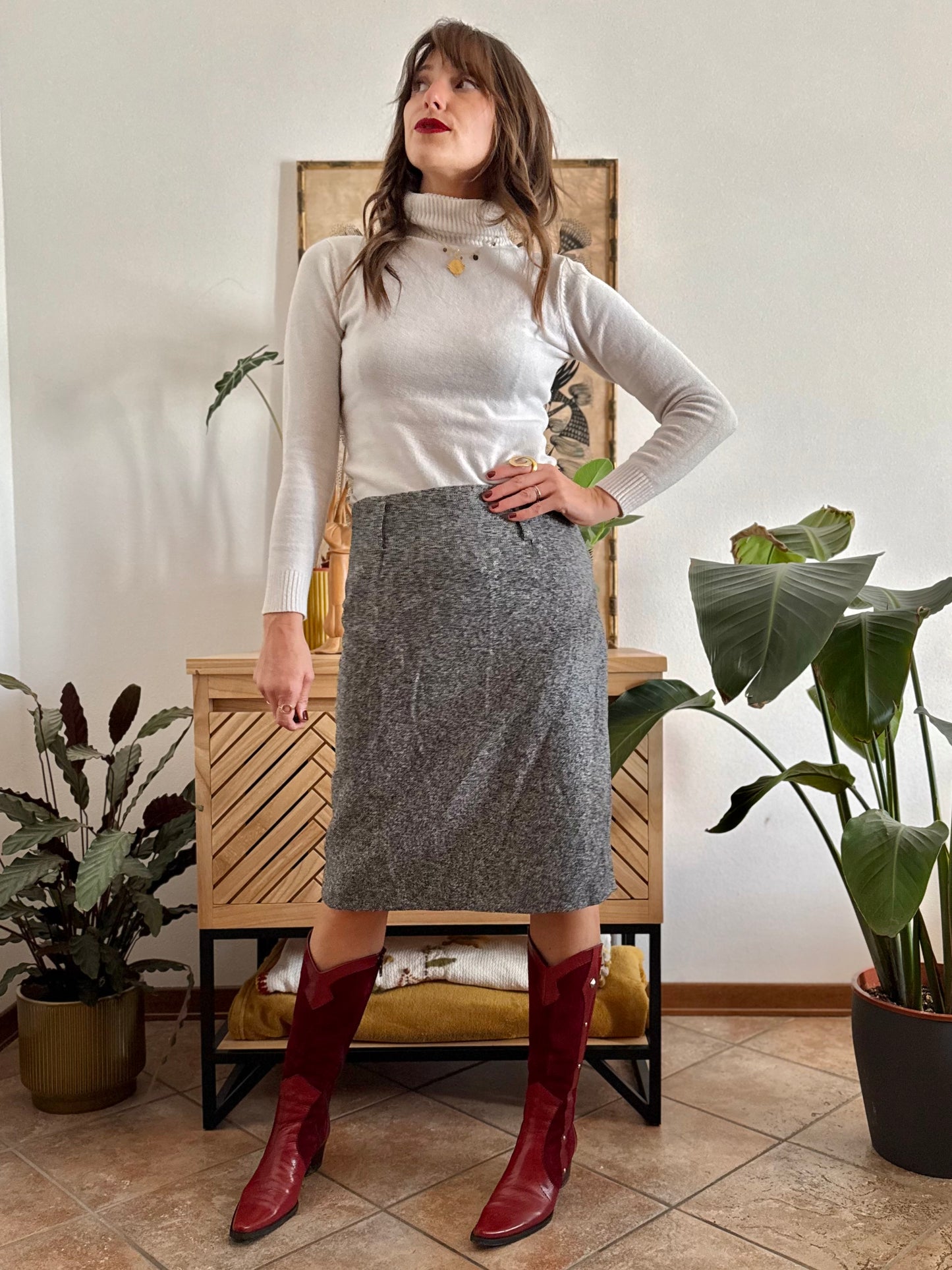 1990's vintage wool grey tweed midi skirt