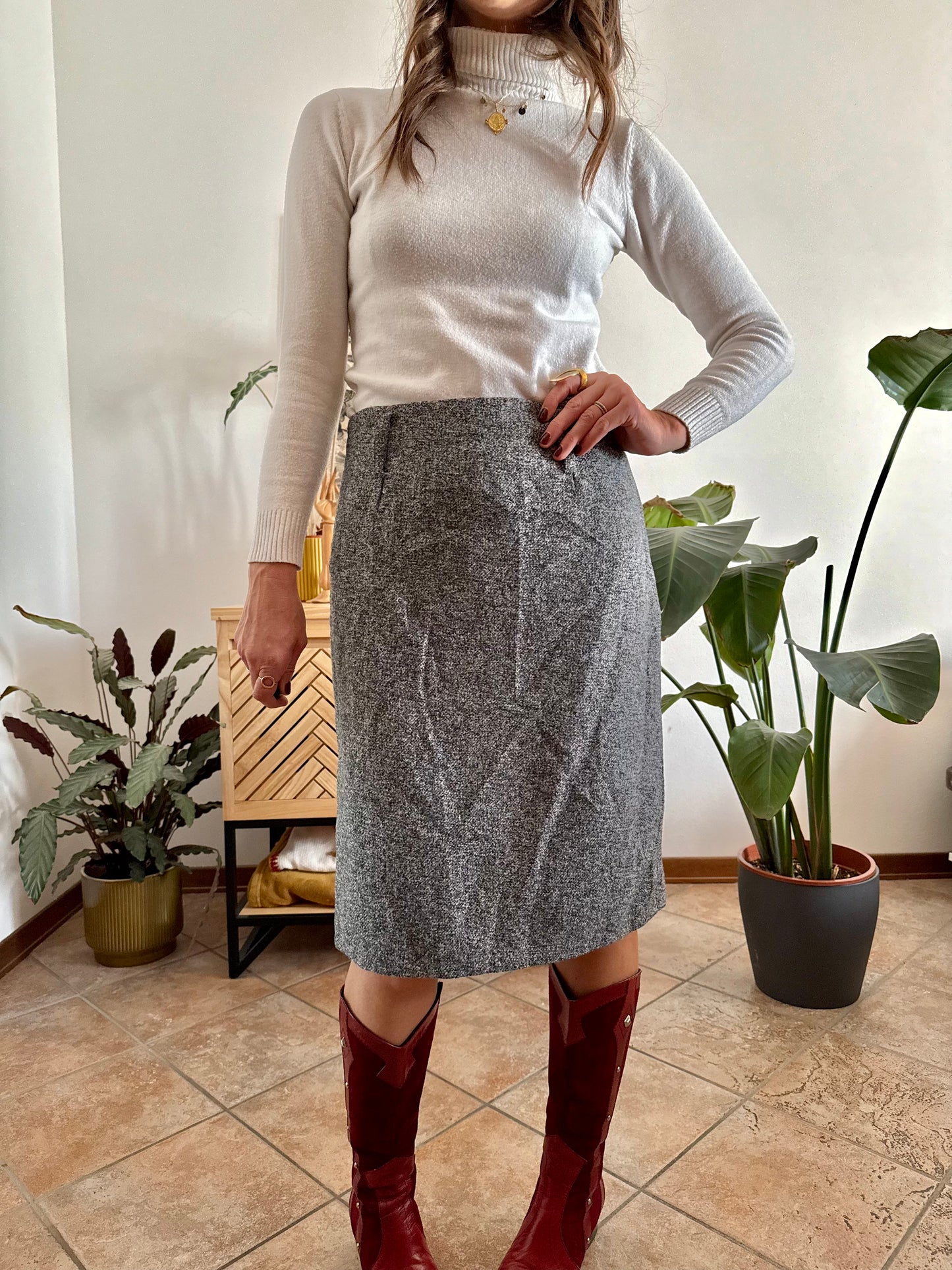 1990's vintage wool grey tweed midi skirt