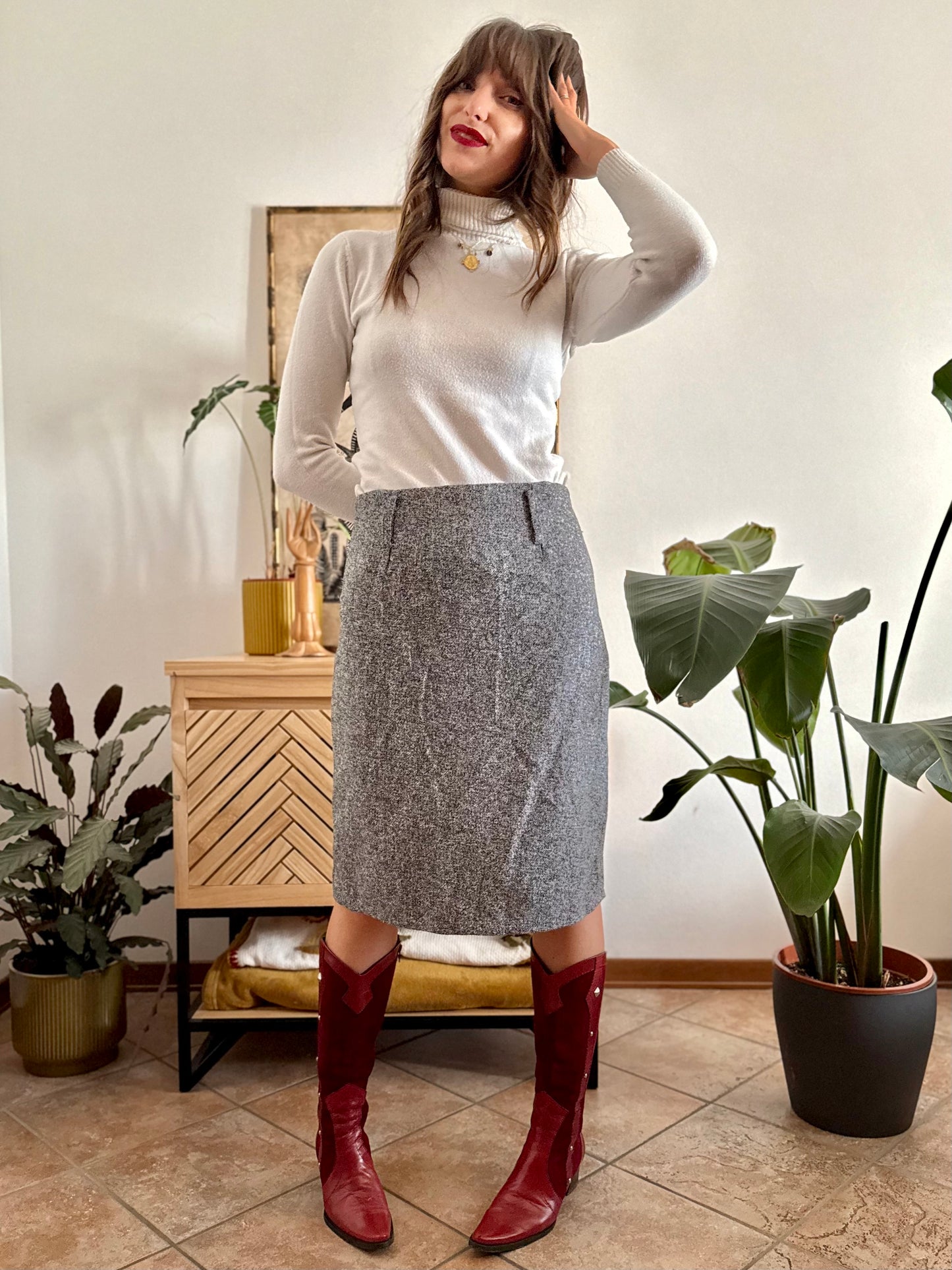 1990's vintage wool grey tweed midi skirt