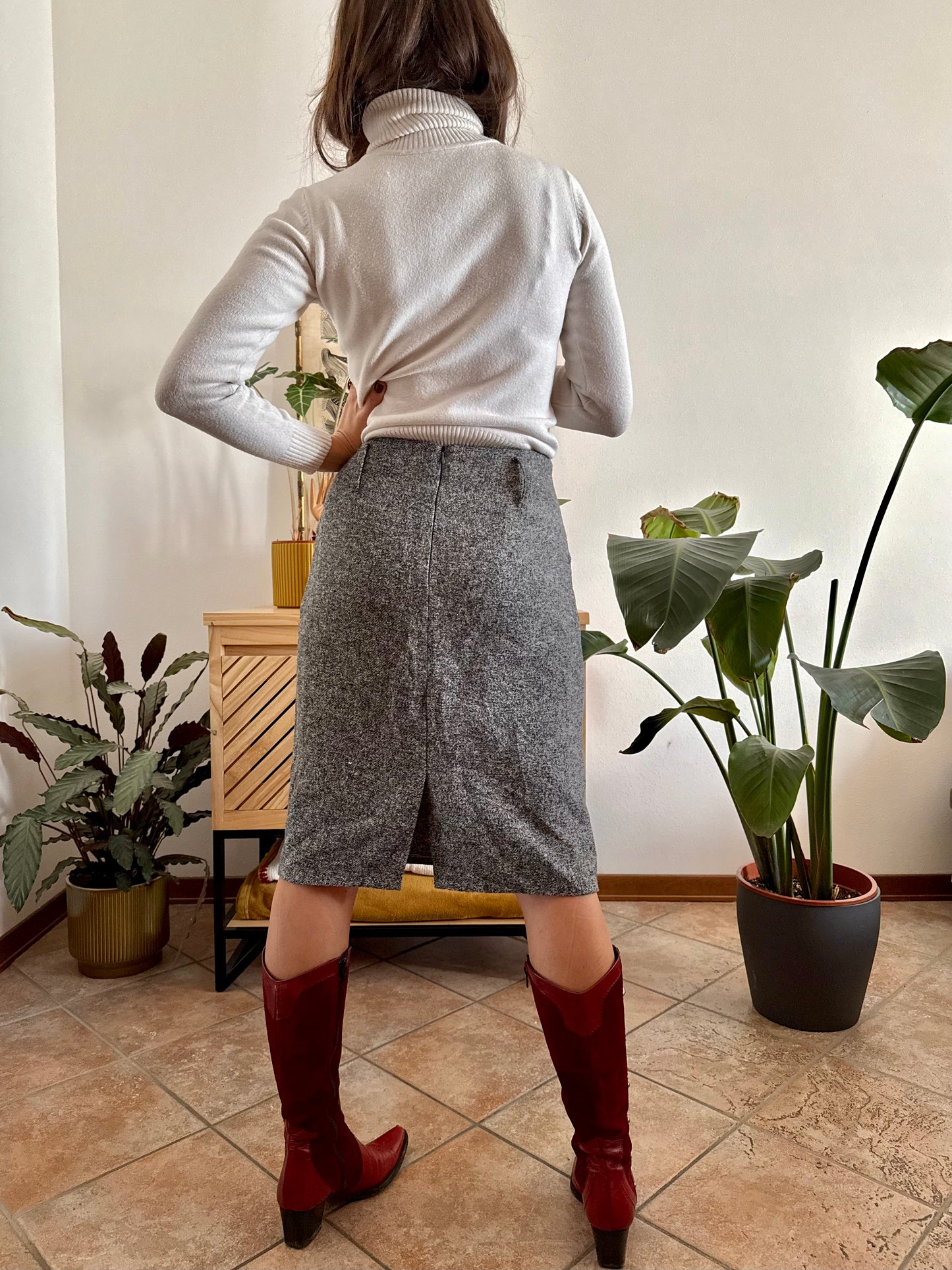 1990's vintage wool grey tweed midi skirt