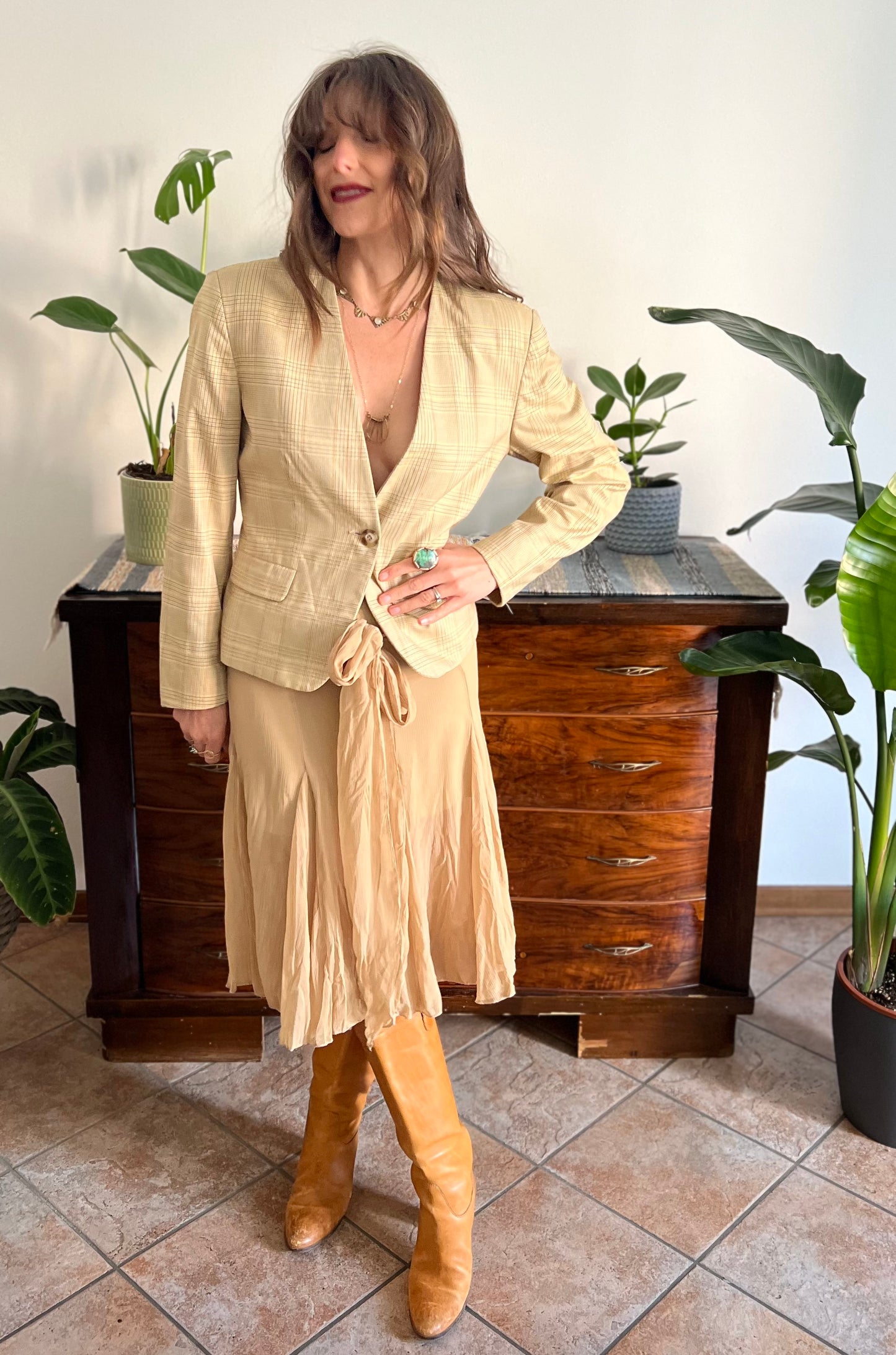 1990's vintage tan and organe plaid tailored blazer