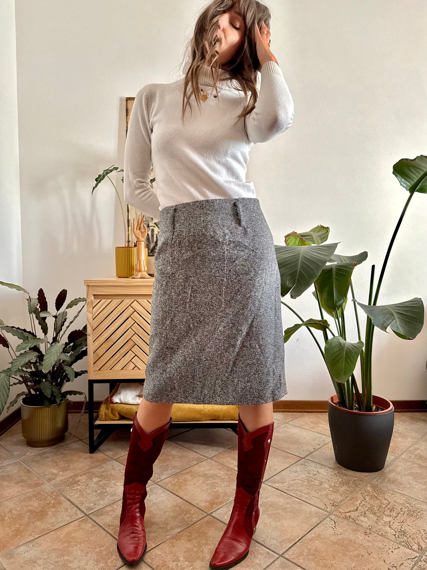 1990's vintage wool grey tweed midi skirt