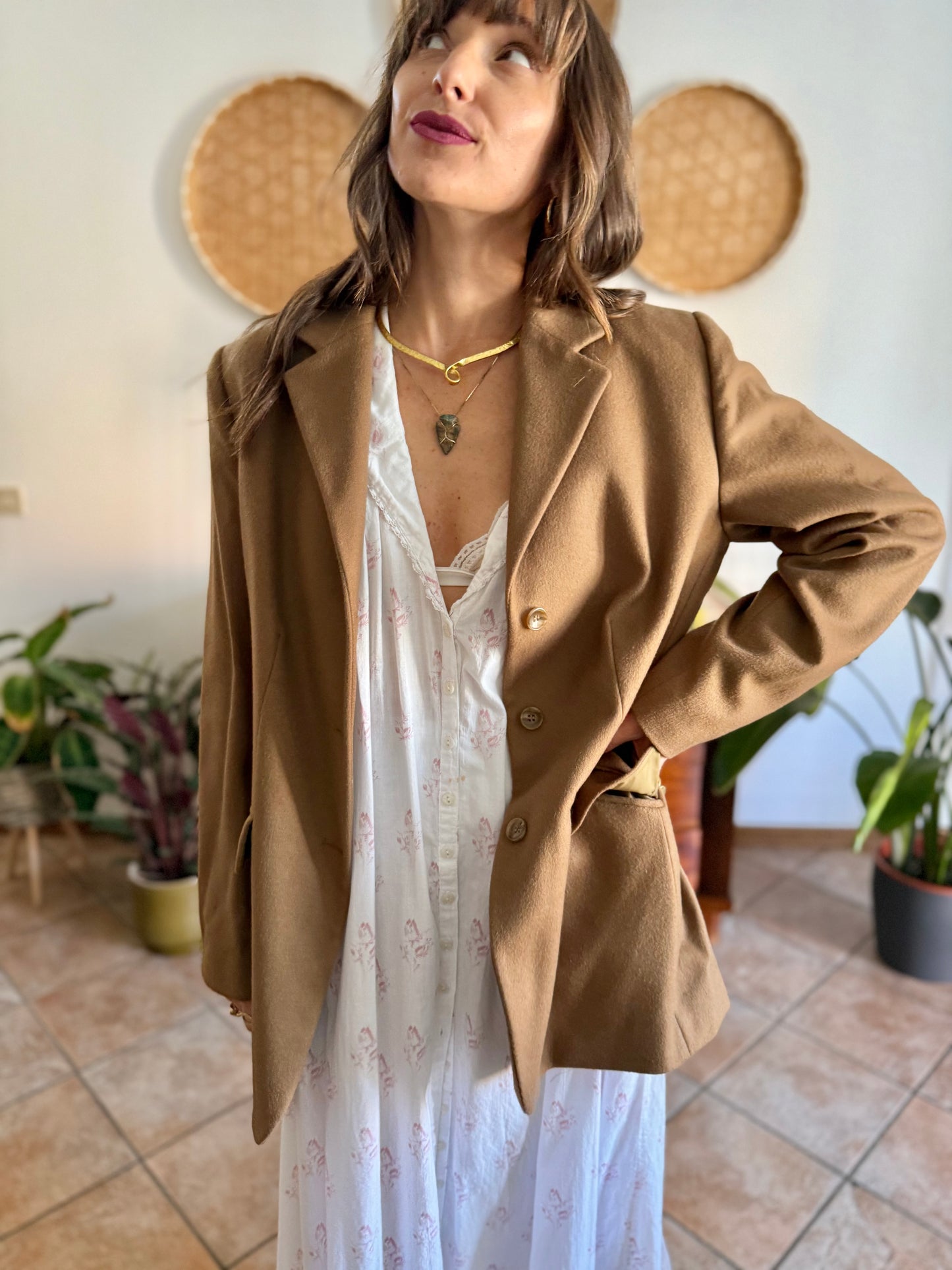 1970's vintage cashmere wool blend tan oversize blazer