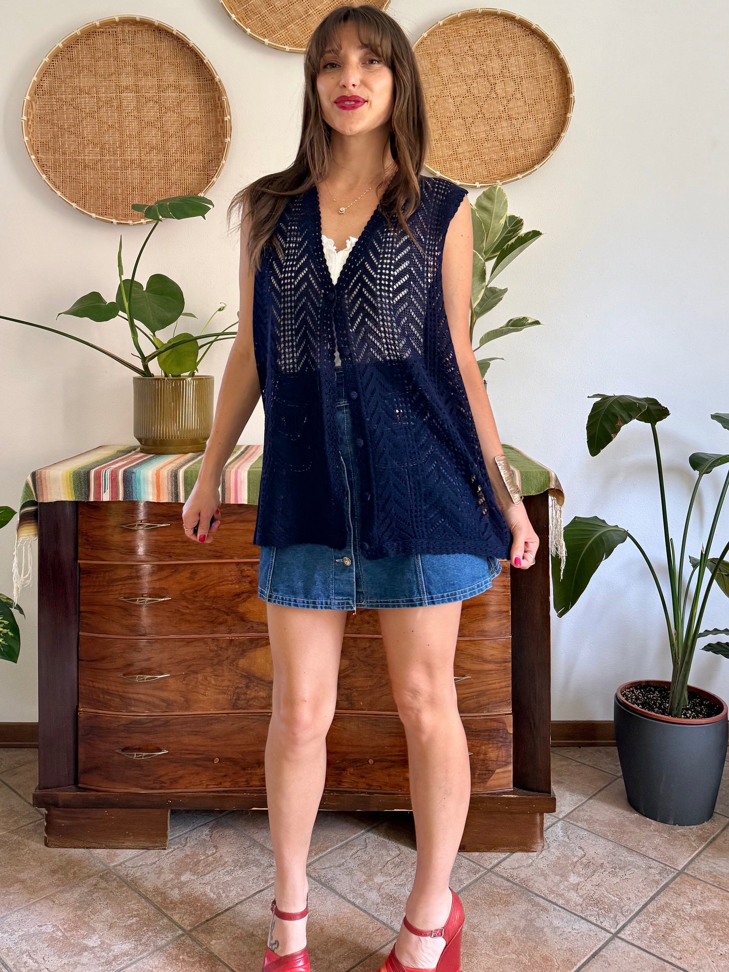 1990's vintage navy blue crochet vest