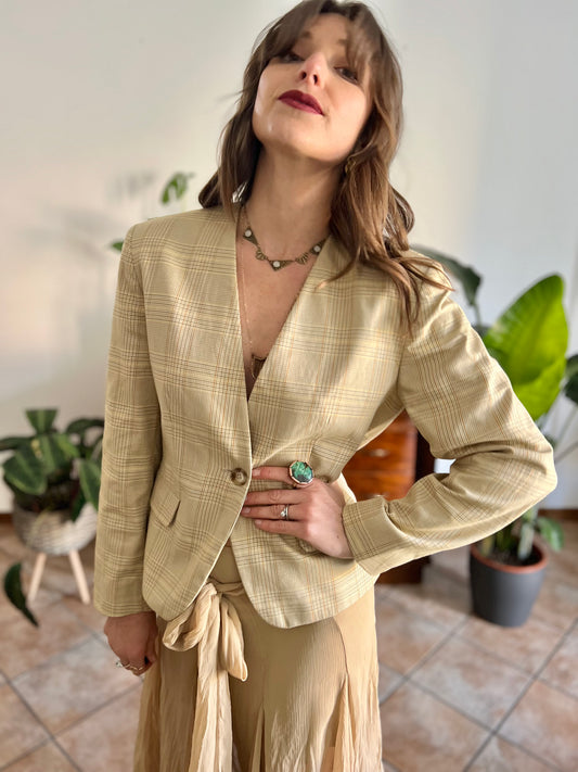 1990's vintage tan and organe plaid tailored blazer