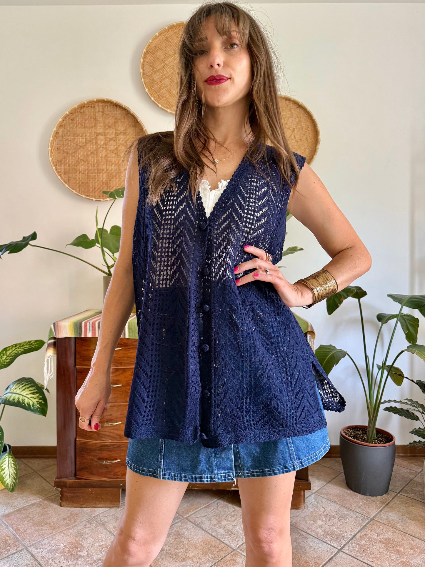 1990's vintage navy blue crochet vest