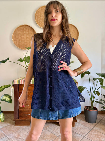 1990's vintage navy blue crochet vest