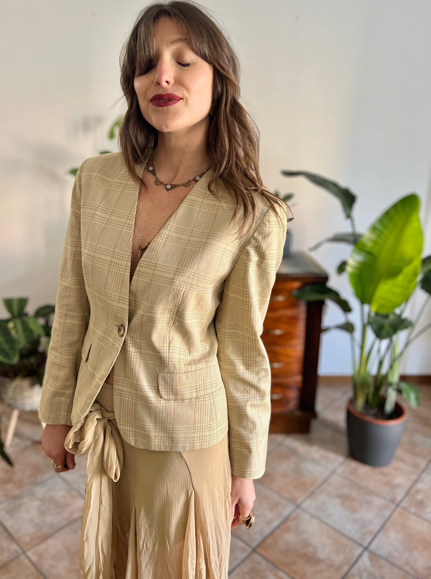 1990's vintage tan and organe plaid tailored blazer