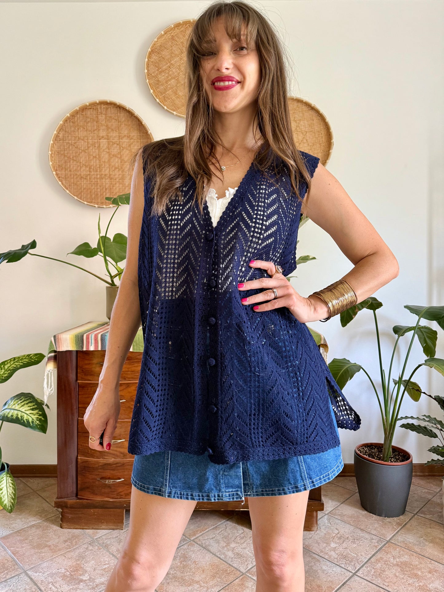 1990's vintage navy blue crochet vest
