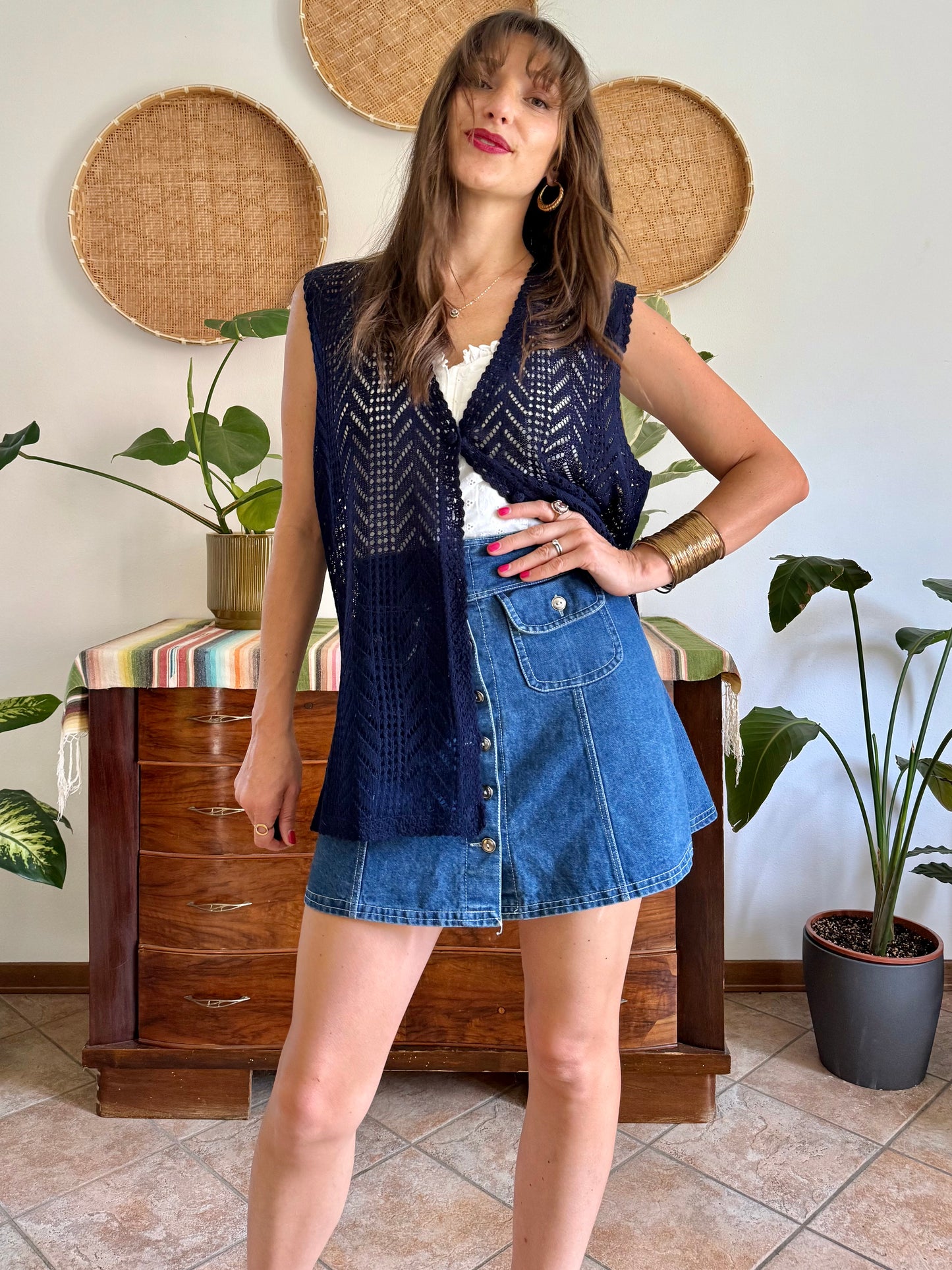 1990's vintage navy blue crochet vest