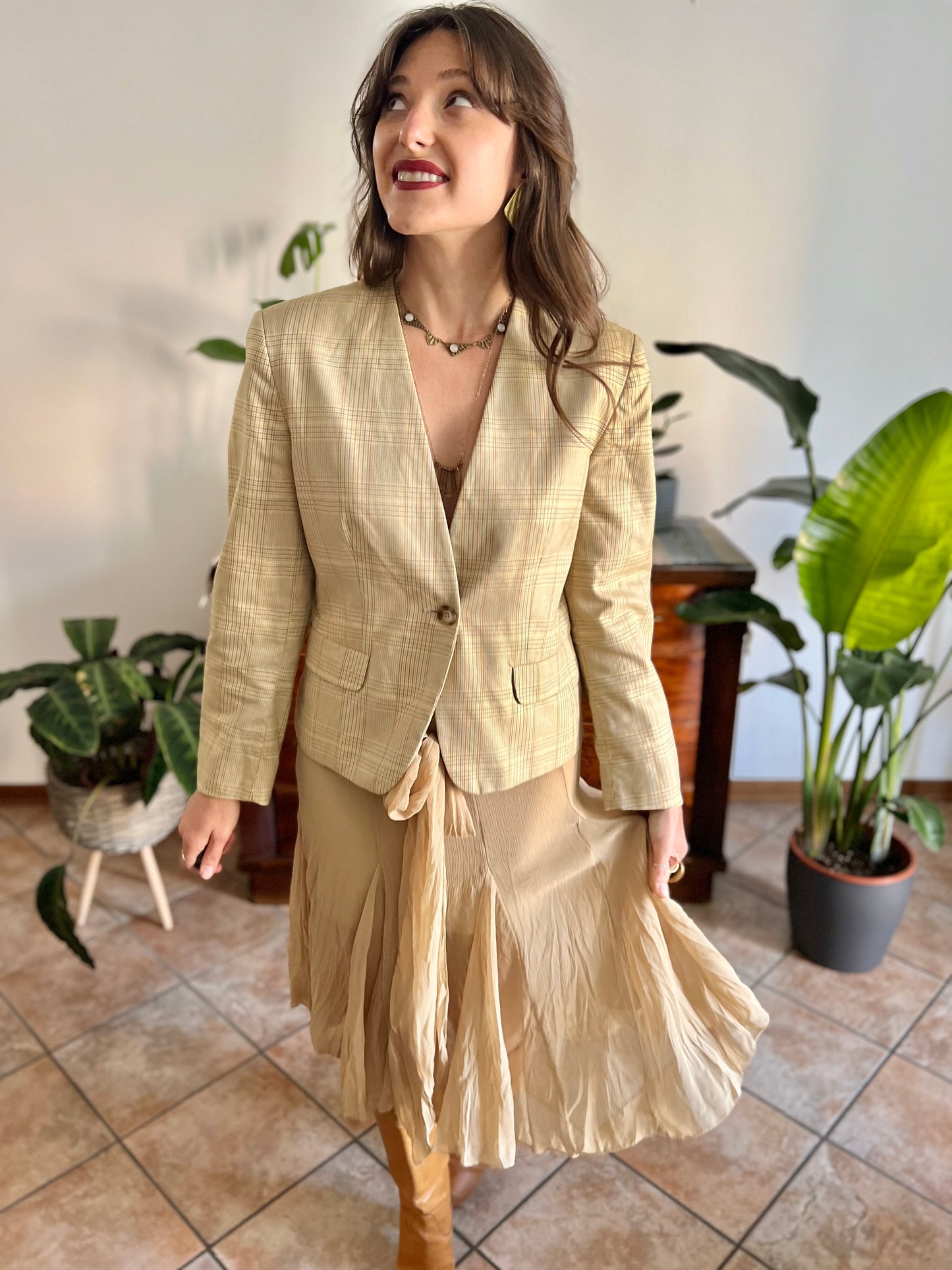 1990's vintage tan and organe plaid tailored blazer