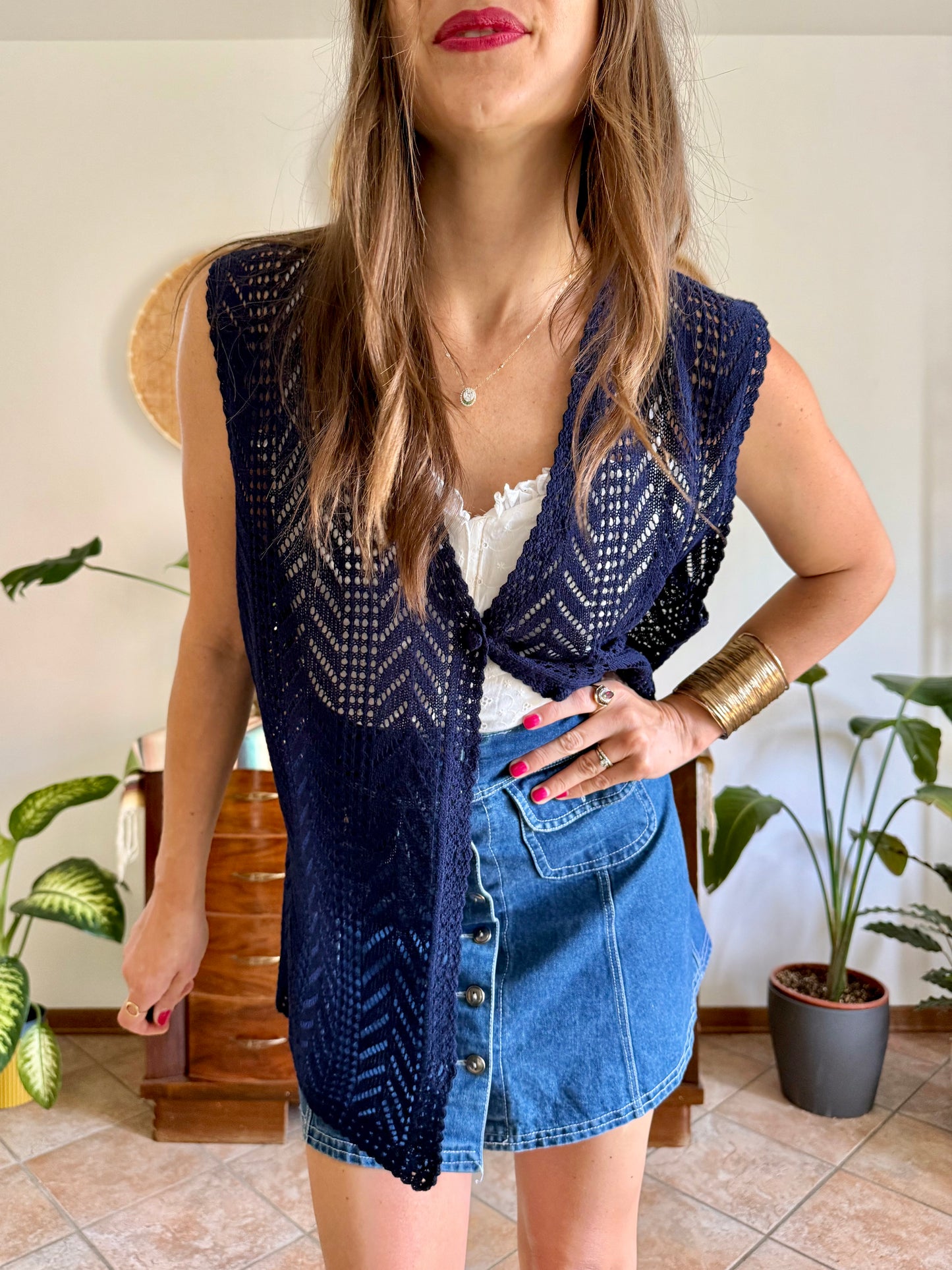 1990's vintage navy blue crochet vest