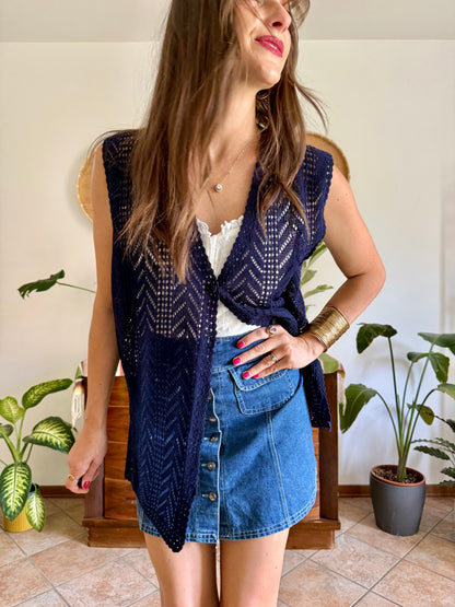 1990's vintage navy blue crochet vest