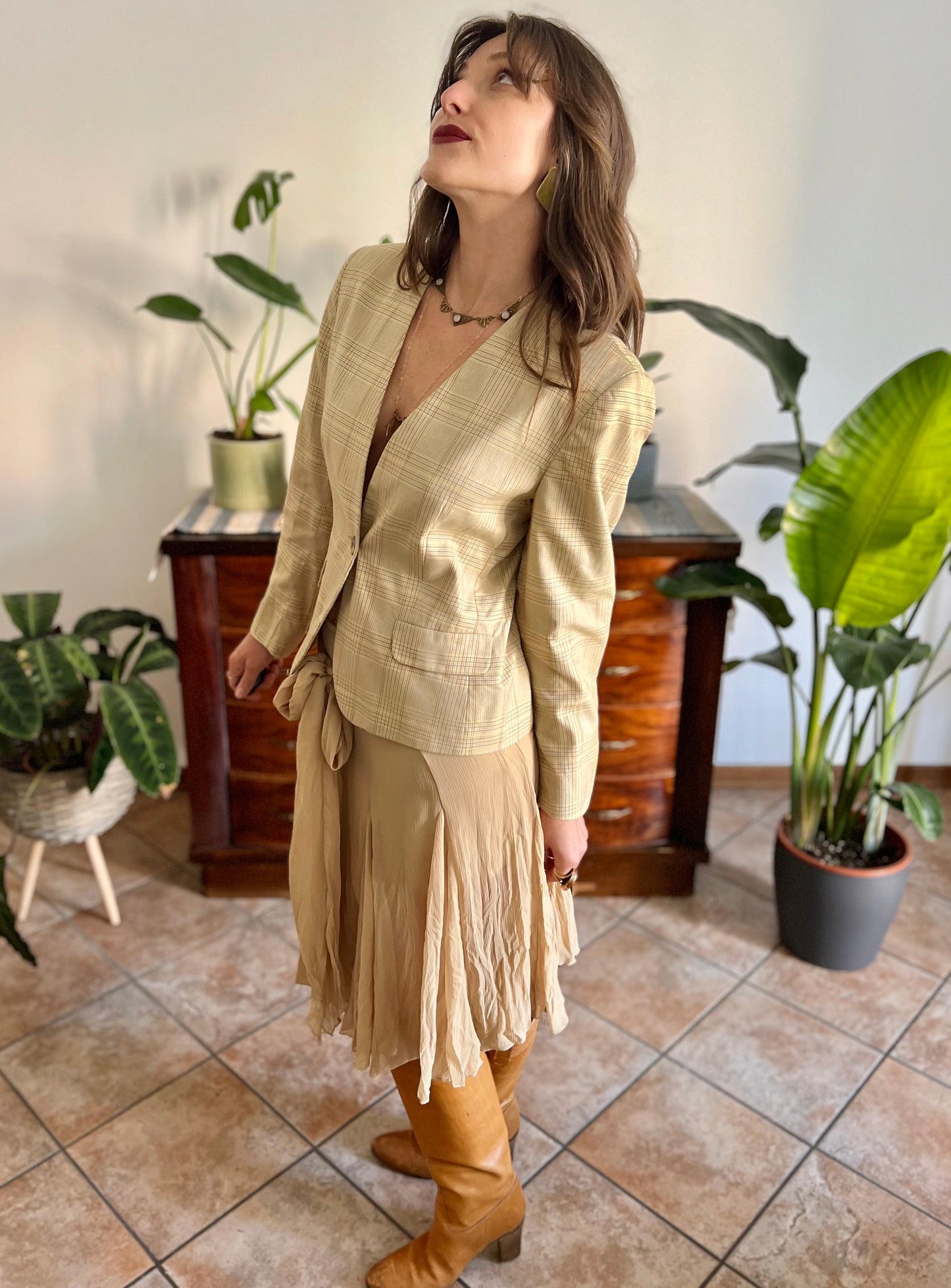 1990's vintage tan and organe plaid tailored blazer