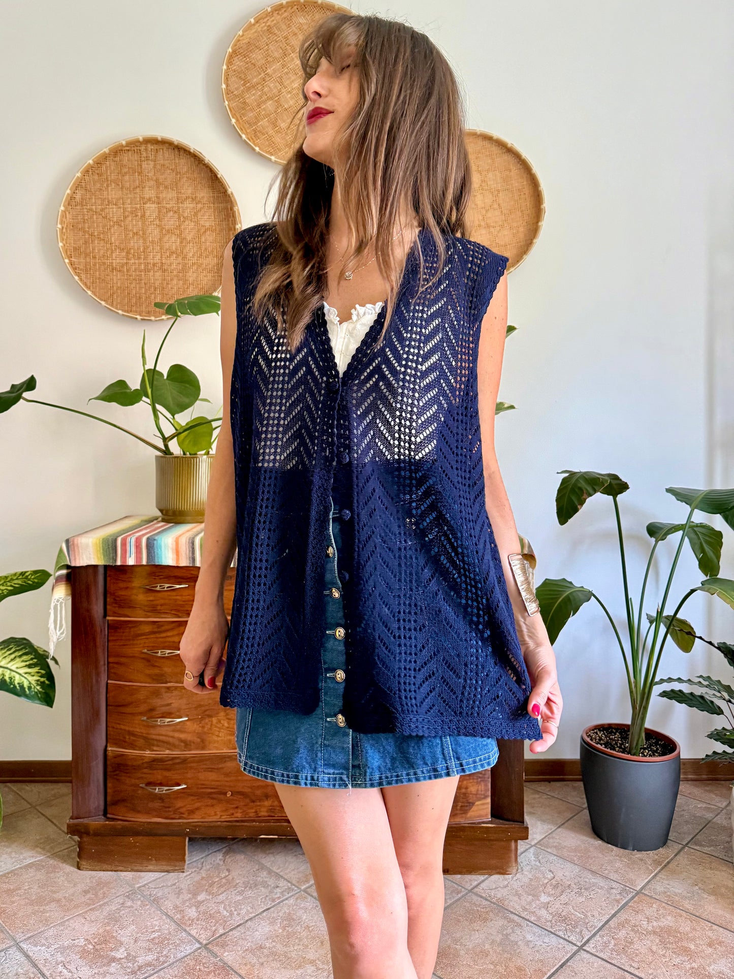 1990's vintage navy blue crochet vest