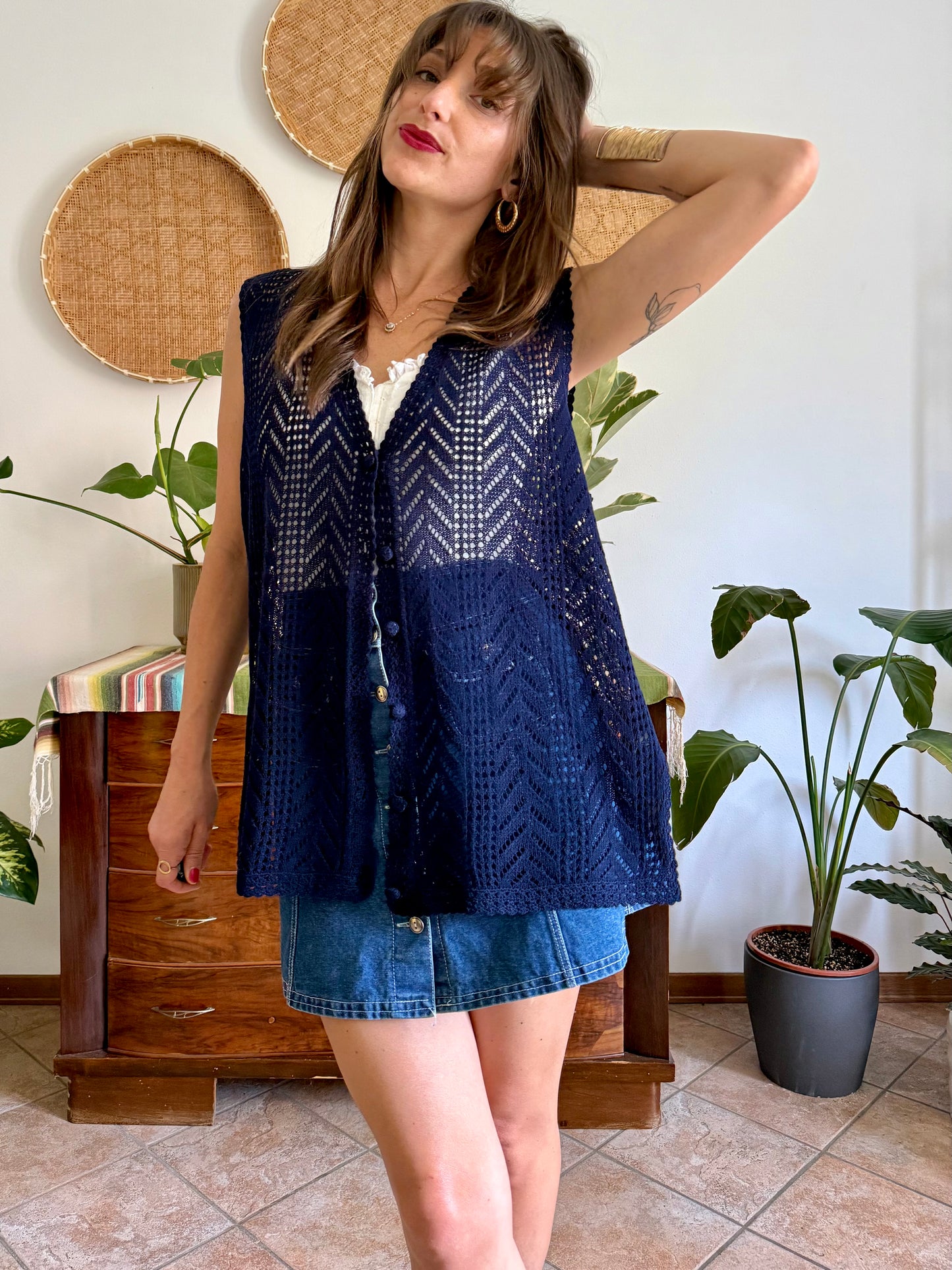 1990's vintage navy blue crochet vest