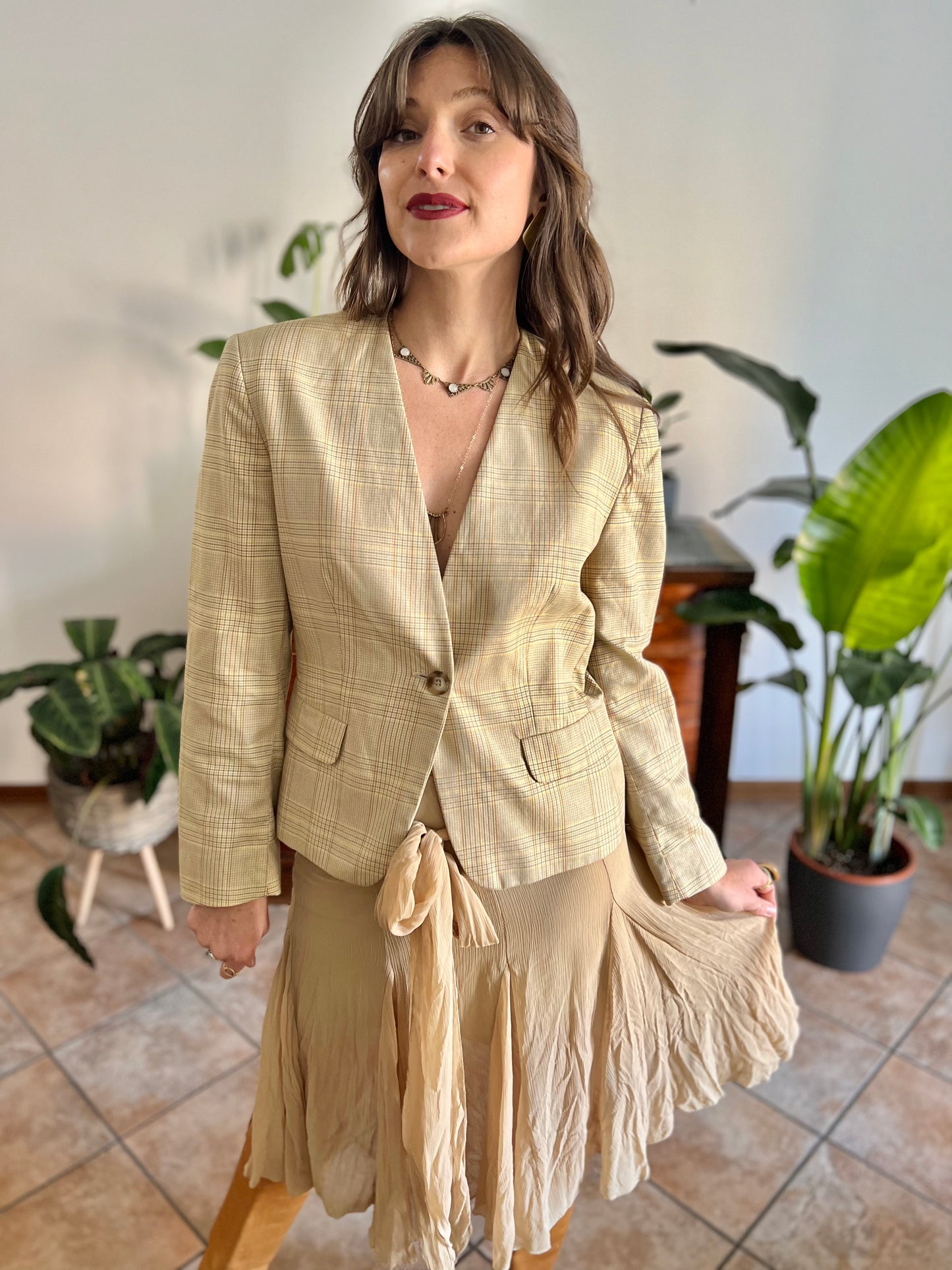 1990's vintage tan and organe plaid tailored blazer