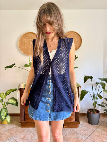 1990's vintage navy blue crochet vest