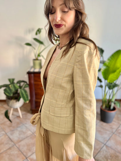 1990's vintage tan and organe plaid tailored blazer