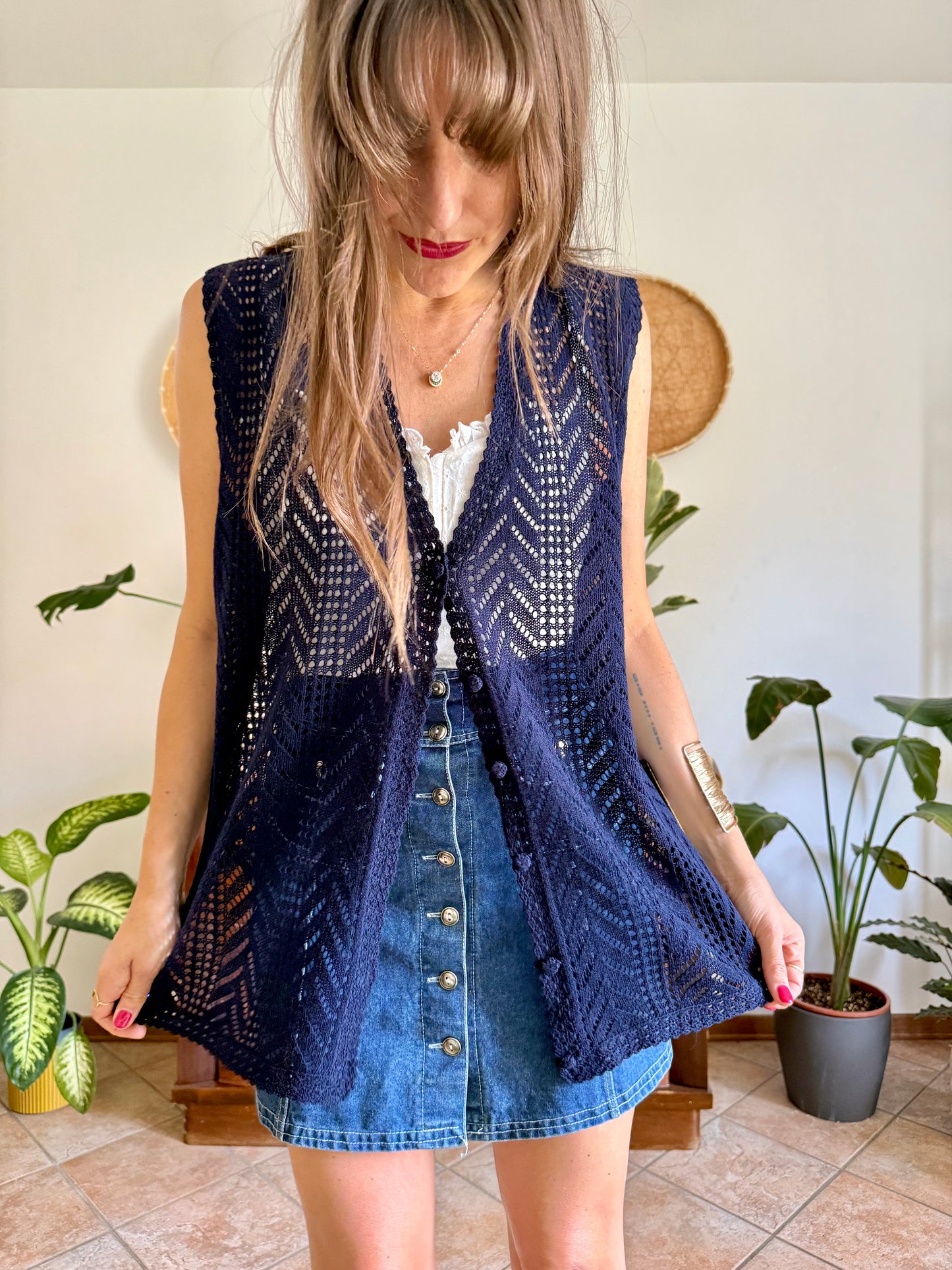 1990's vintage navy blue crochet vest