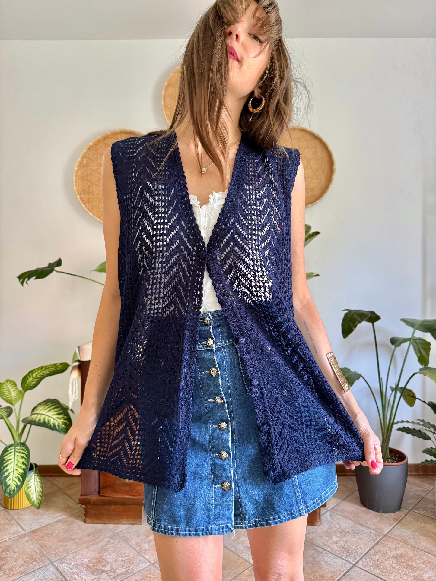 1990's vintage navy blue crochet vest