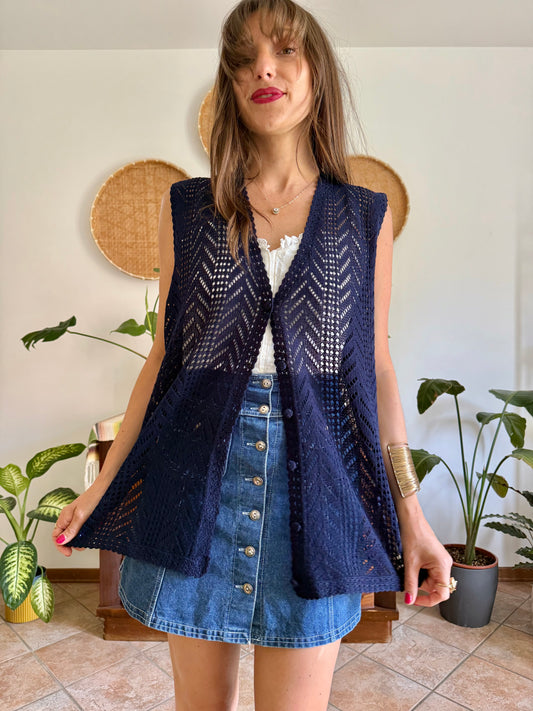 1990's vintage navy blue crochet vest